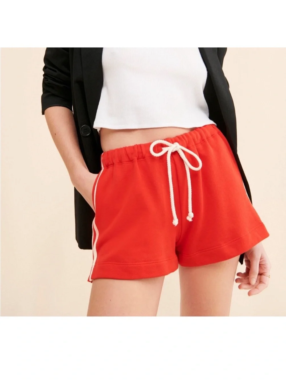 DONNI. Eco-Terry Striped Shorts in red bell pepper size small